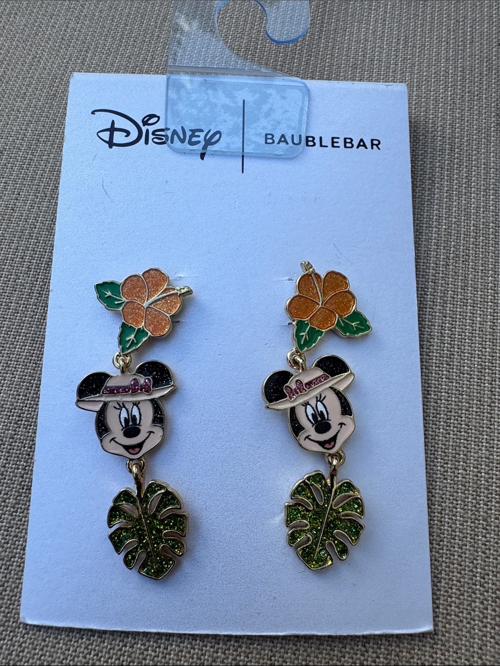 Disney Minnie Mouse Tropical Floral Dangle Earrings - Orange, Green & Gold